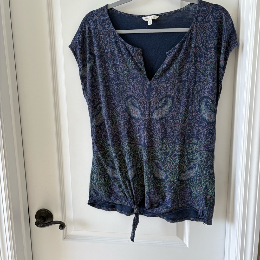 Lucky Brand Blue Paisley Split Neck Tie Front Top Medium Cotton Modal Boho